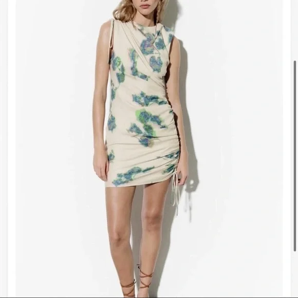 Zara Sleeveless Linen Blend Printed Ruched Mini Dress Size M - Picture 2 of 7